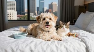 Dog and cat relaxing in a pet-friendly hotel room.