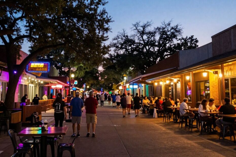 Austin neighborhood street with bars and restaurants at night.