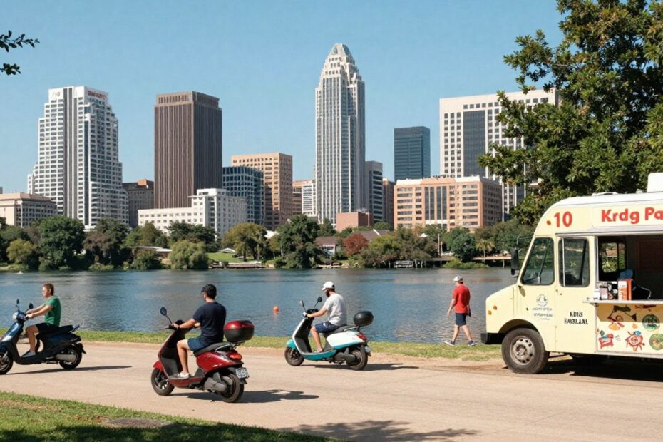 Downtown Austin with lake, scooters, and lively outdoor scenes.