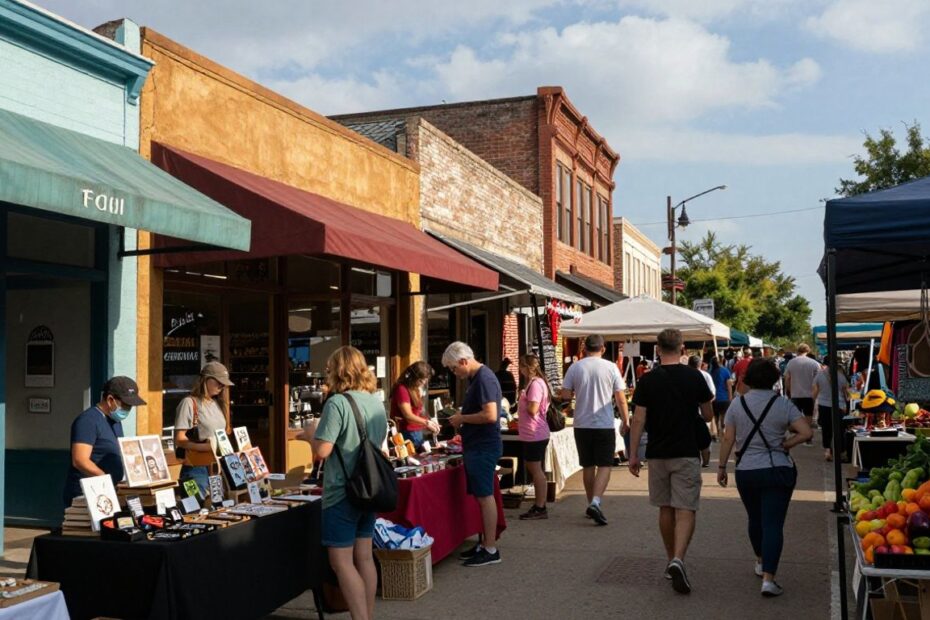 Austin boutiques and market stalls with colorful storefronts.