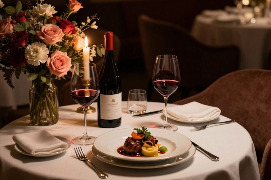 Romantic restaurant table for anniversary dinner in Austin.