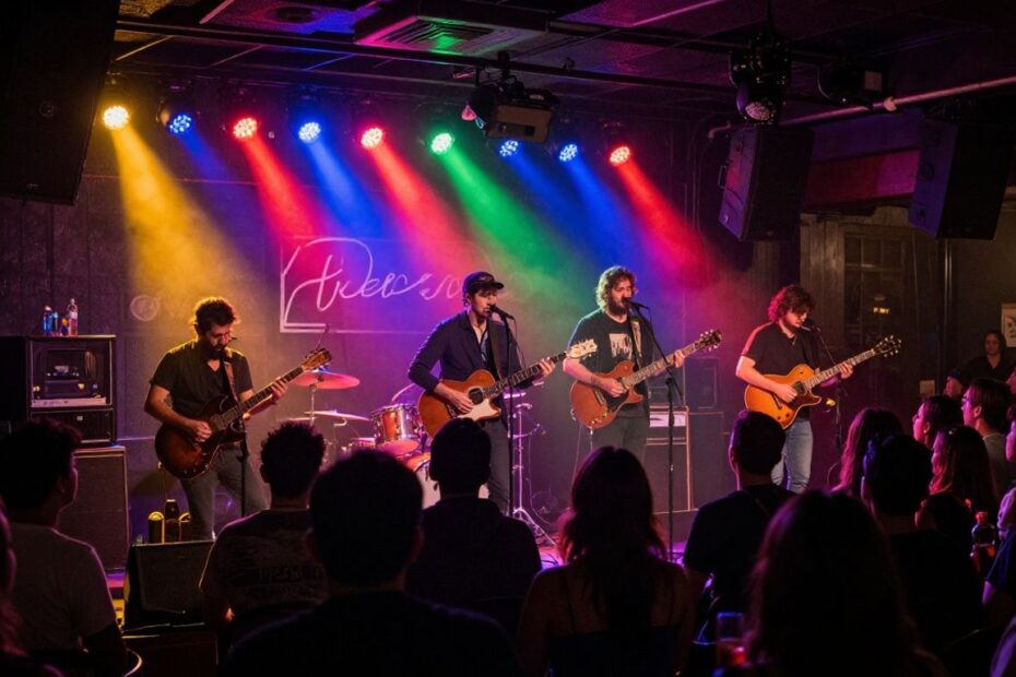 Austin live music venue with musicians on stage and crowd