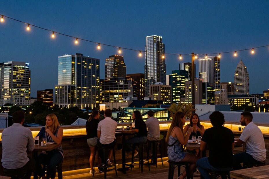Austin skyline view from a rooftop bar at twilight.