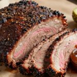 Smoked brisket with smoke rings on butcher paper.