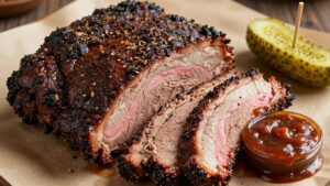 Smoked brisket with smoke rings on butcher paper.