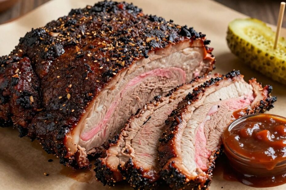 Smoked brisket with smoke rings on butcher paper.