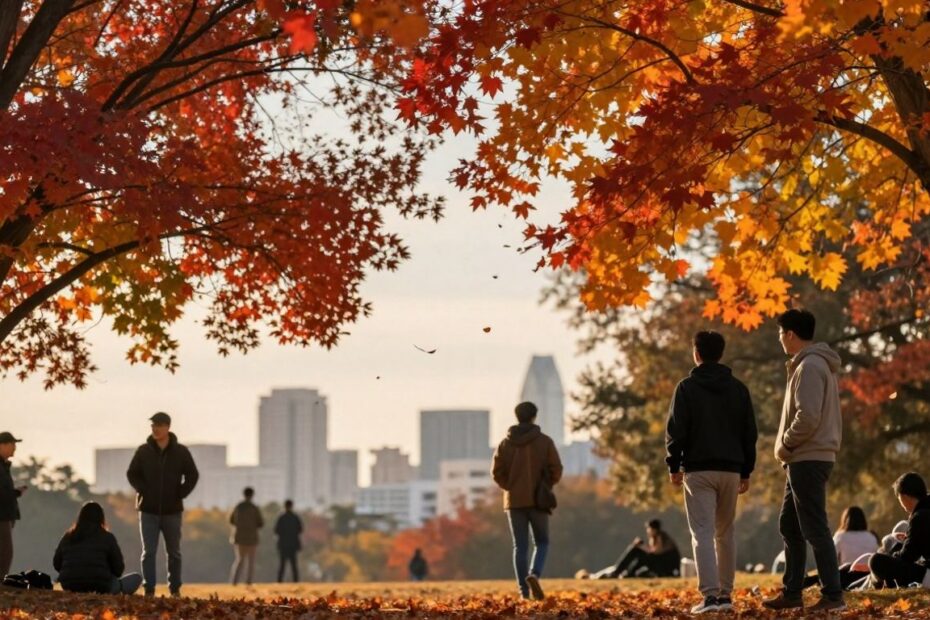 Autumn leaves falling on people enjoying outdoor events in Austin.