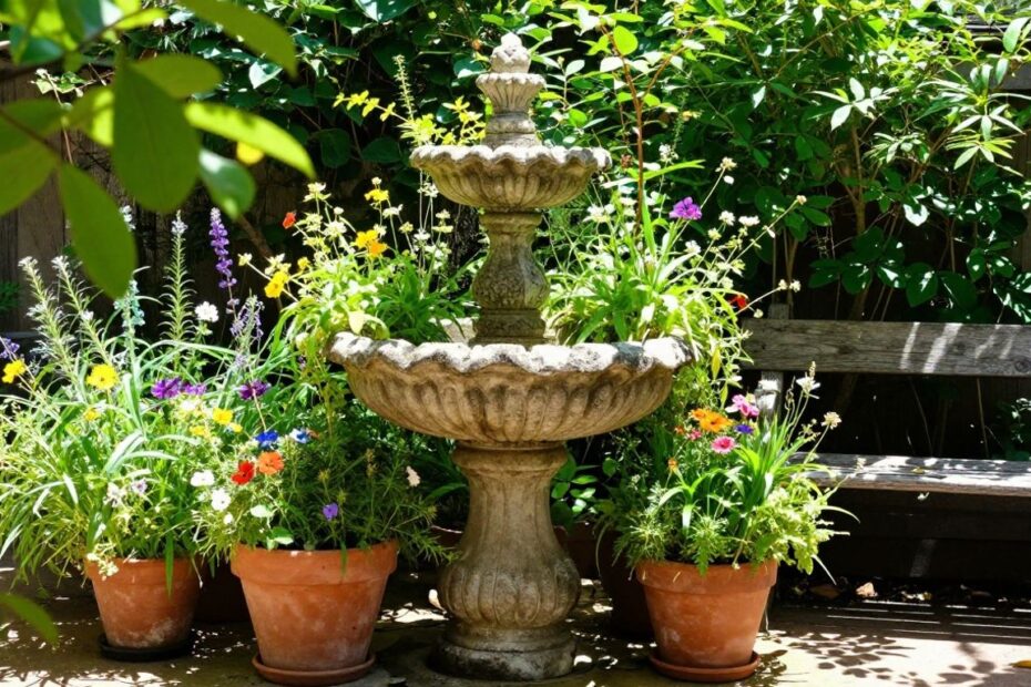 Austin courtyard with plants, fountain, and sunlight.