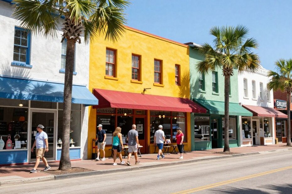 Colorful storefronts and people on South Congress Avenue, Austin.