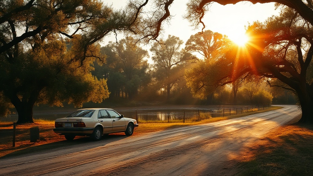 a lone car parked on a dusty Texas county road at golden hour, empty swimming hole visible through cedar trees, no people, warm morning light filtering through branches