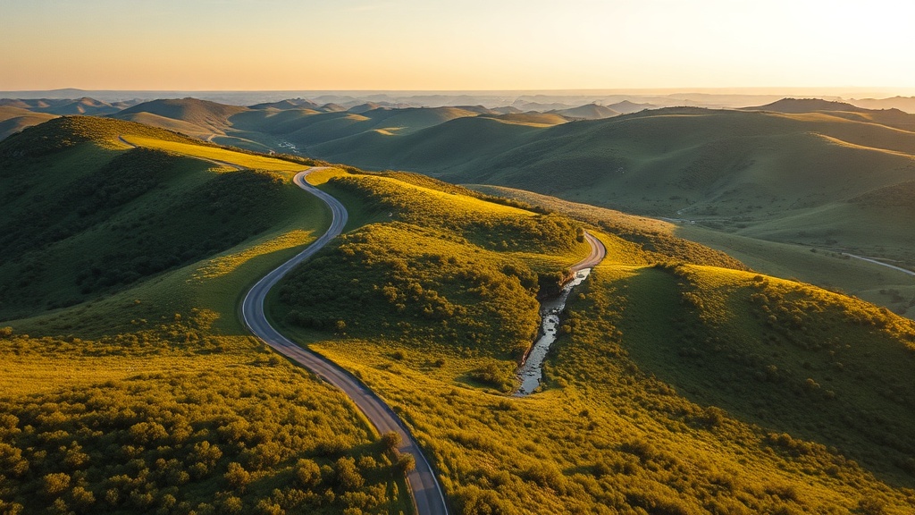 aerial view of Texas Hill Country winding road through green hills with a small creek, golden hour lighting, late spring