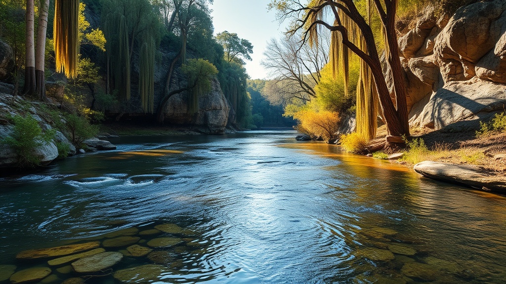 crystal clear Frio River flowing through a limestone canyon with tall cypress trees, early morning light, peaceful and uncrowded, Texas Hill Country autumn
