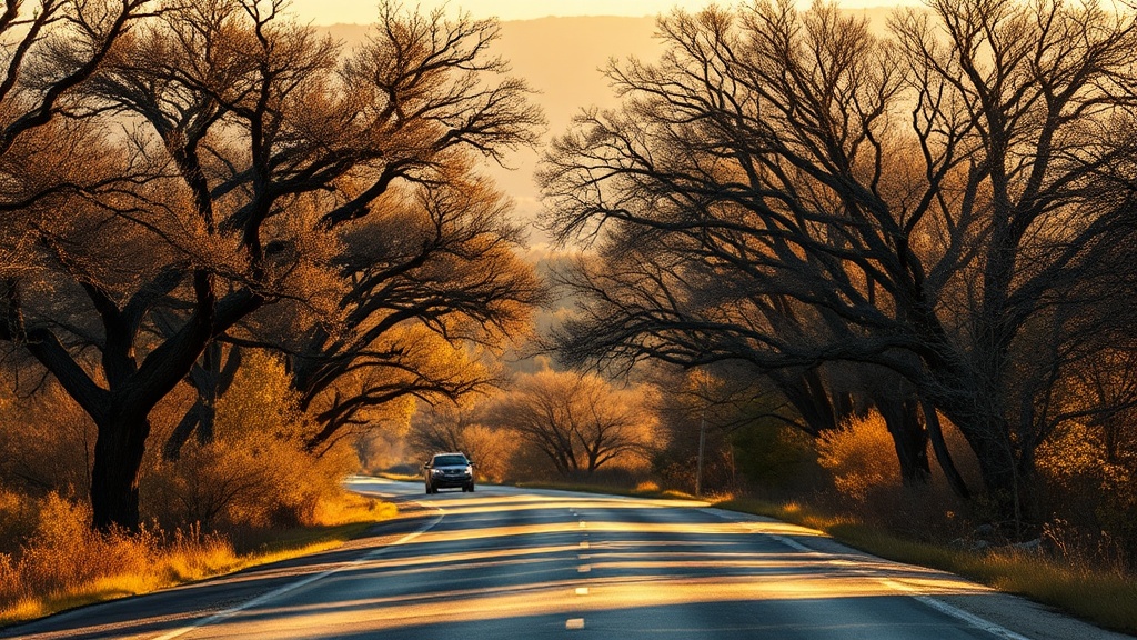 a scenic Texas Hill Country road in late autumn with golden light filtering through sparse oak trees, no traffic, peaceful atmosphere